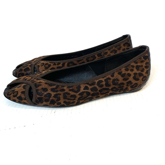 Shoes - DONALD J PLINER Brown Leopard Suede GLORIA Flats 9.5 N Peep Toe Shimmer Italy